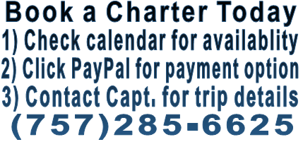  Book a Charter Today       1) Check calendar for availablity       2) Click PayPal for payment option       3) Contact Capt. for trip details              (757)285-6625